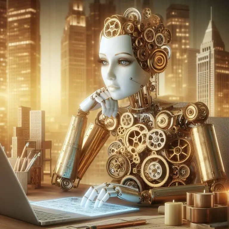 Lady with gears looking at a computer showing that she is embracing technology.