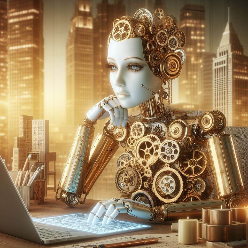 Lady with gears looking at a computer showing that she is embracing technology.