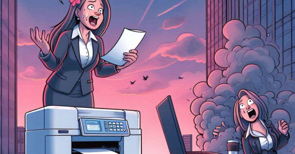 Top 5 Coffee Break Conversations in the Life of a PM 4 Coffee Break Conversations | A lady cracking up as her printer fails to print