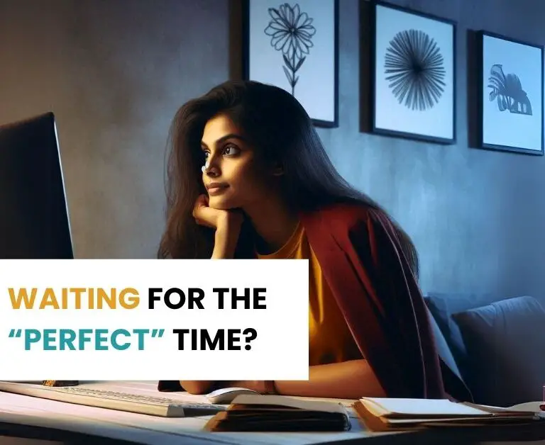 Image of a woman looking into thin air and procrastinating, waiting for the perfect time.