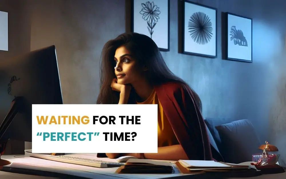 Image of a woman looking into thin air and procrastinating, waiting for the perfect time.